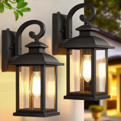 Dusk to Dawn Outdoor Porch Wall Light, Matte Black, 2 Pack