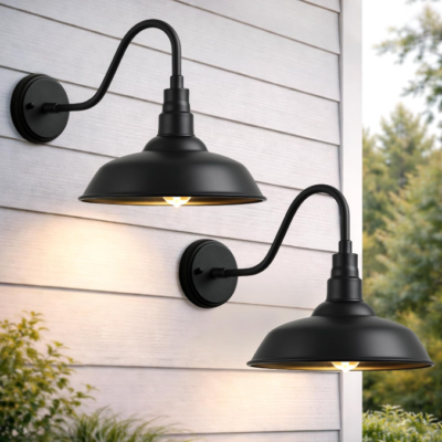 Black Gooseneck Outdoor Wall Light, Farmhouse Style, 2 Pack